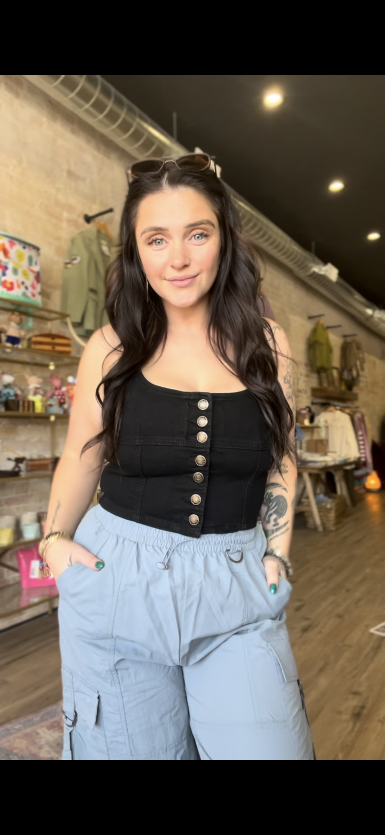 Button Up Cropped Denim Tank Top