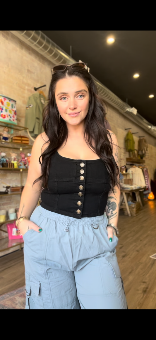 Button Up Cropped Denim Tank Top